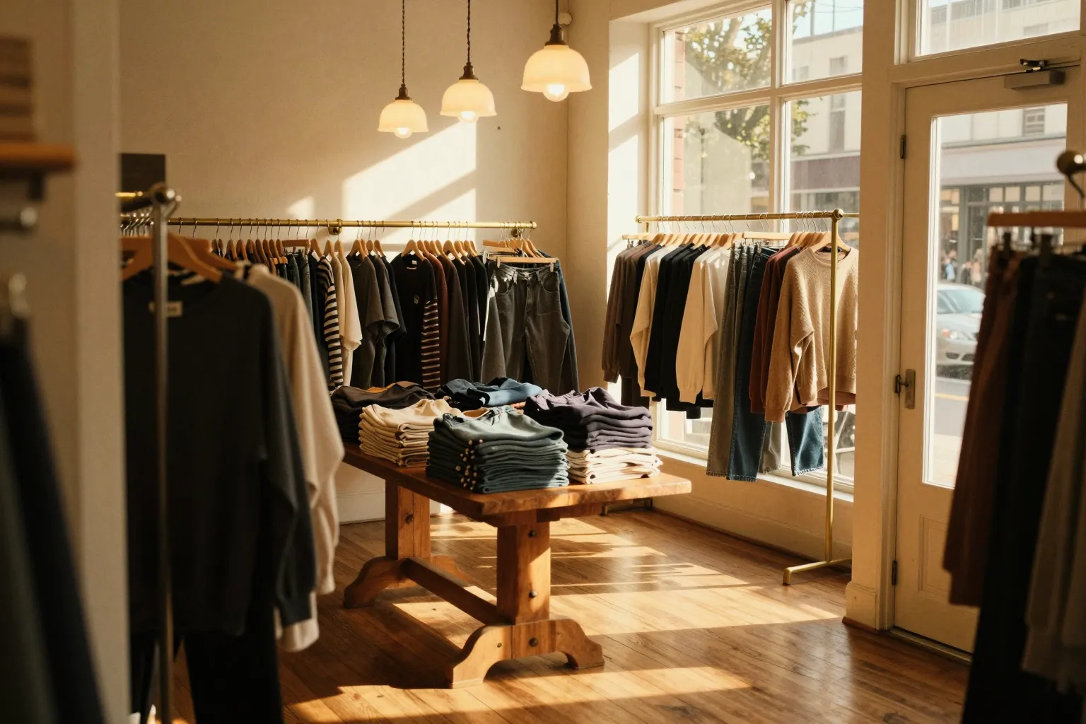 The inside of a small clothing shop at golden hour, garment rails and a folded stack on a wooden table with warm sun across the floor.
