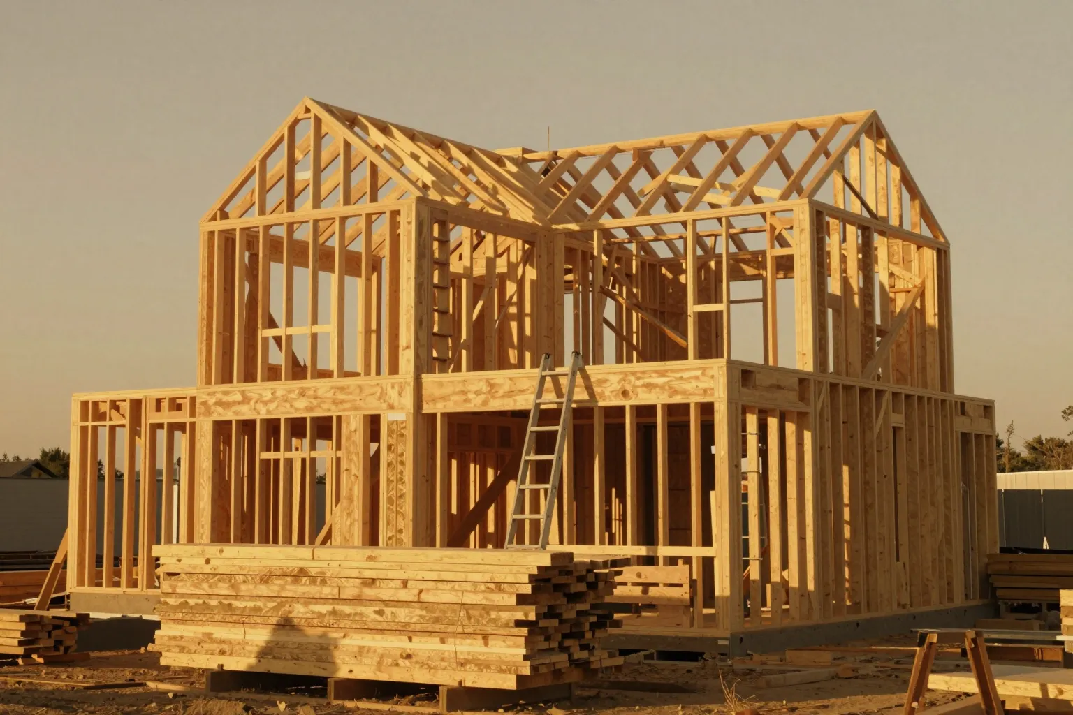 A newly framed timber house lit gold by the low evening sun, with neat stacks of lumber in front of it.