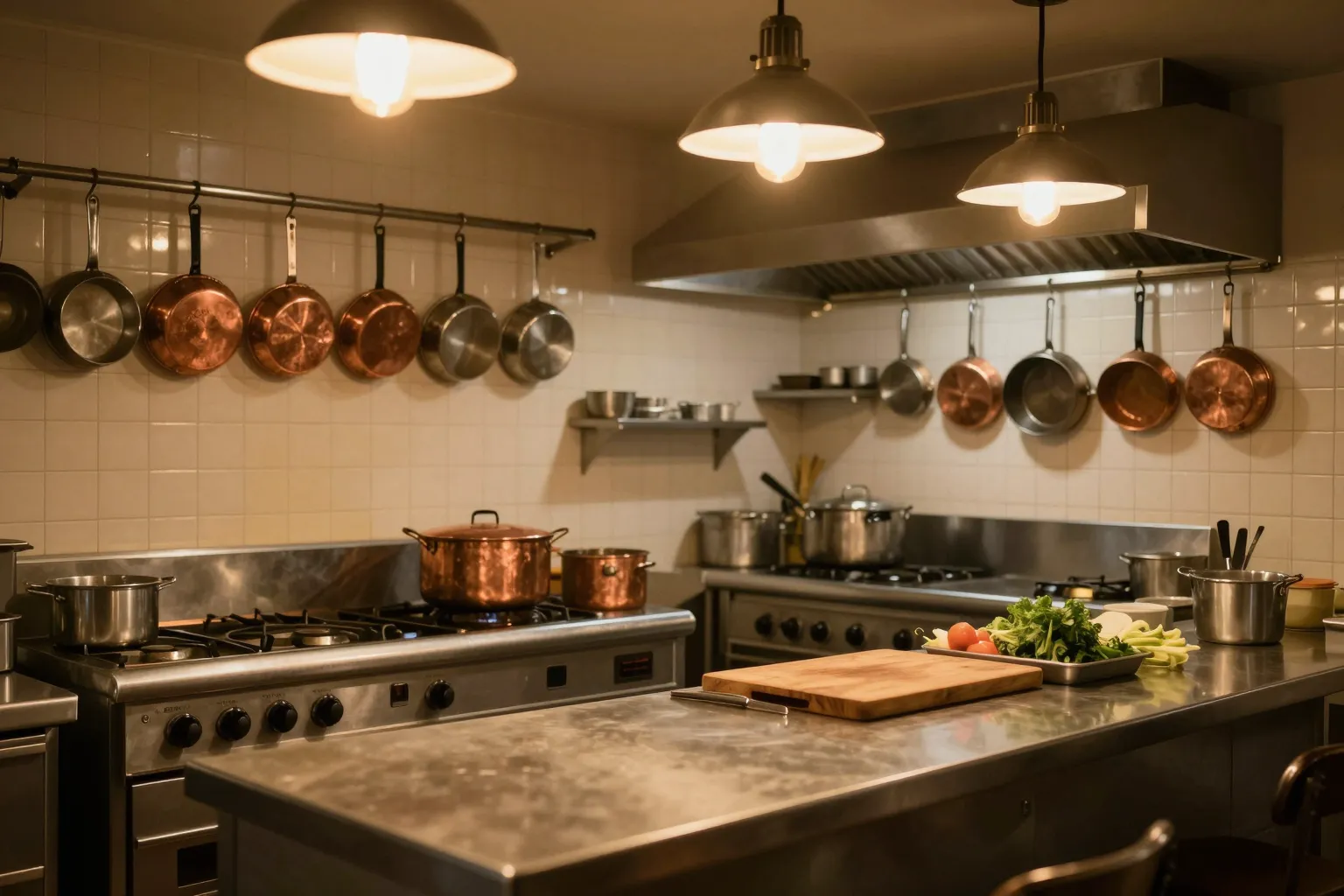 A small restaurant kitchen between services, copper pans hanging above the range under warm pendant lights.