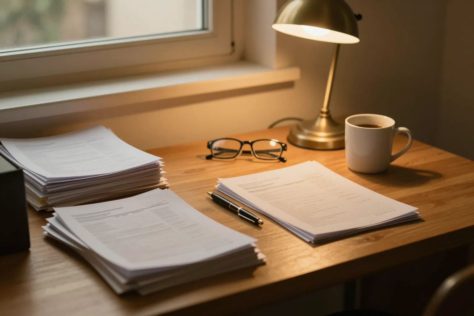 Bank statements stacked on a wooden desk beside a pen, reading glasses and a mug, under a warm desk lamp.